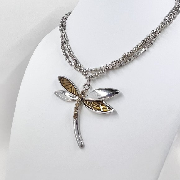 NWOT - Enameled & Jeweled Dragonfly Silver Tone Two Strand 14" Choker Necklace - Picture 3 of 7